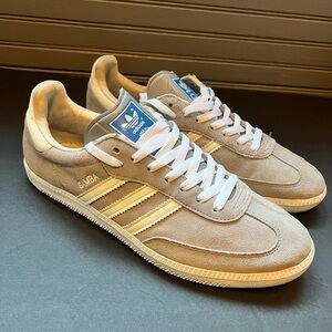 adidas Samba Suede Sneakers in Grey and White with Blue Tongue Tab
